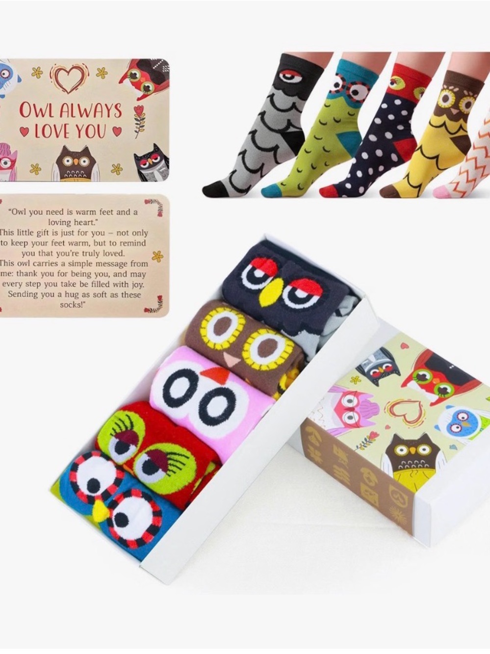 Gadnia •  Owl Pattern • Women’s Crew Socks • Gift Pack of 5